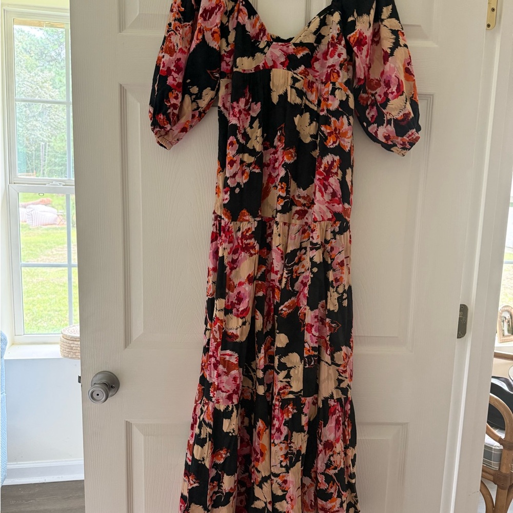 Anthropologie Black and Pink Floral Long Sleeve Dress | Floral Maxi Dress